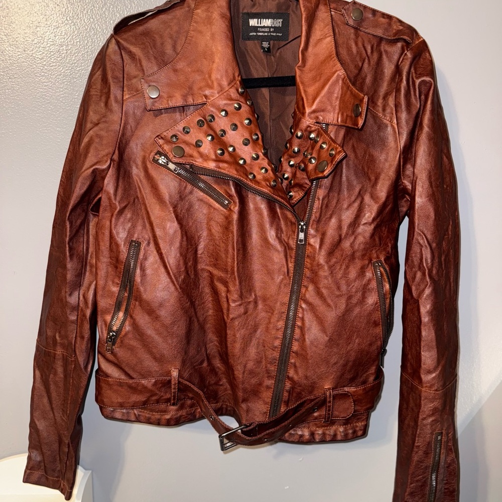 William Rast Cognac Leather Jacket with Studded Collar